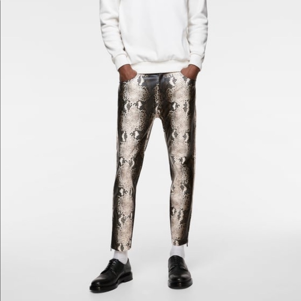 Faux leather snake print trousers